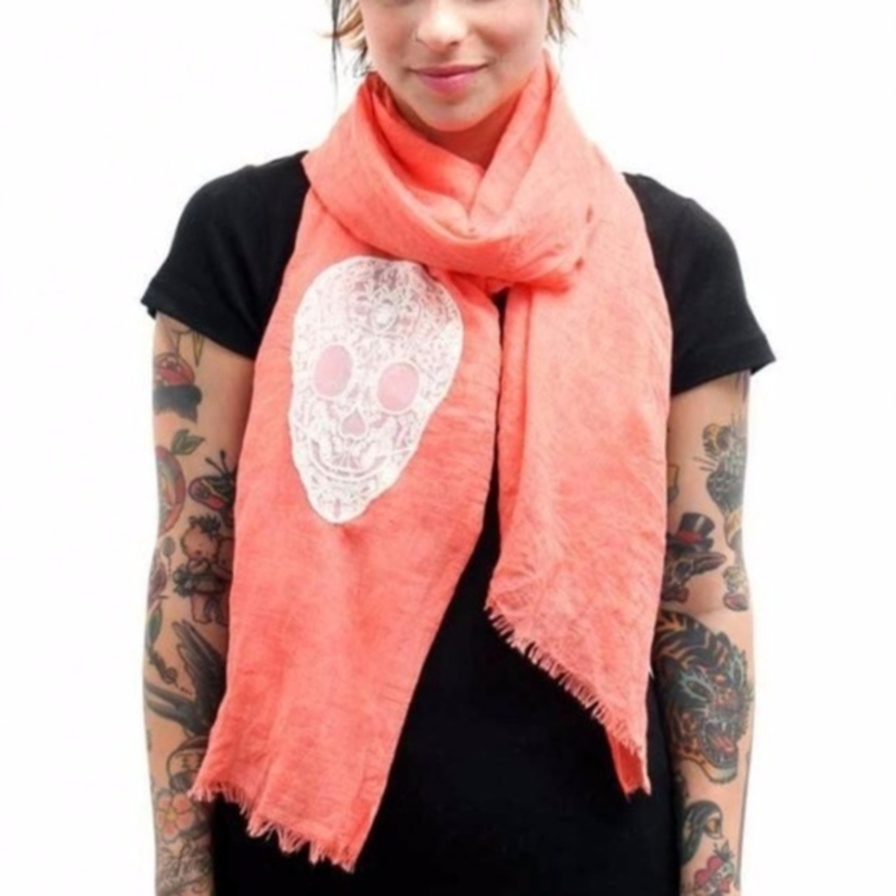 Lace Skull Goth Punk Emo Scene Coral Pink Orange Scarf Winter Fall Alt